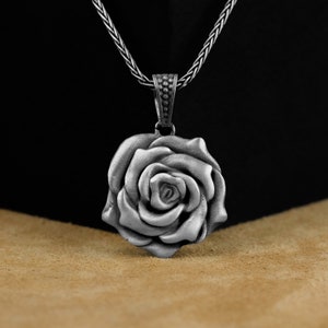 Floral Rose Pendant, Unique Vintage Style Silver Rose Men Necklace, Floral Sterling Silver Jewelry,Gift For Mother, Anniversary Gift