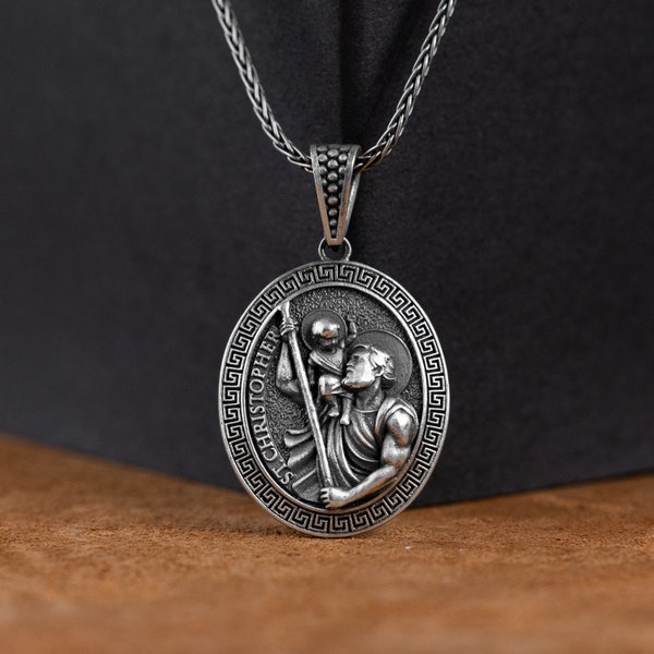 Saint Christopher Silver Necklace, Handmade St Christopher Pendant, Catholic Jewelry, Religious Jewelry, Men Christopher Necklace, Men Gift