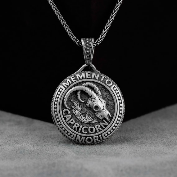 Capricorn Memento Mori Necklace Pendant, Zodiac Sign Necklace