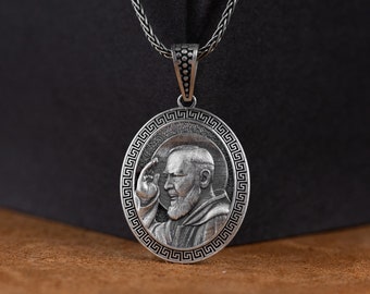Padre Pio Unique Engraved Silver Necklace, Saint Padre Pio Pendant, Personalized Christian Men Jewelry, Religious Gift Pendant, Gift For Dad