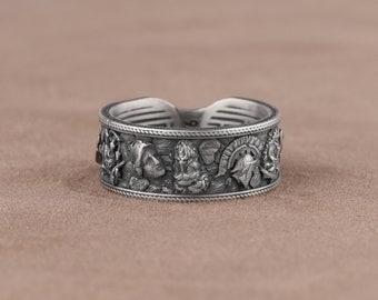 Handmade Greek Mythology Ring, Antique Greek Olympus Gods Statue Ruins Meander, Sterling Silver Ring, Ancient Greece Memorial Gift