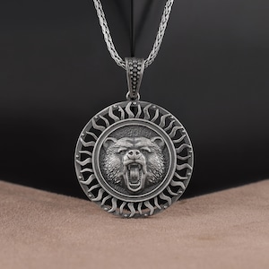 Bear Silver Necklace, Roaring Bear Medallion, Wild Bear Men Necklace, Animal Lovers Necklace, Angry Bear Pendant, Gift for Boyfriend