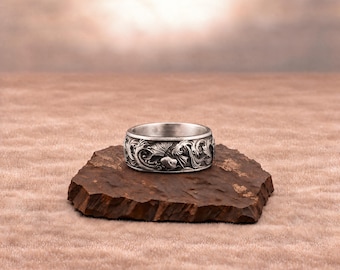Koi Fish Ring for Men, Carved Japanese Waves in Oxidized 925 Sterling Silver