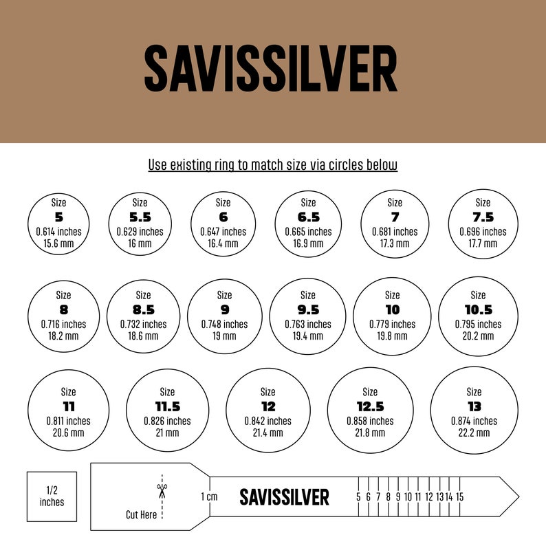 Puede incluir: Un gr&aacute;fico con c&iacute;rculos que muestran diferentes tama&ntilde;os de anillos en pulgadas y mil&iacute;metros. El gr&aacute;fico est&aacute; etiquetado como "SAVISSILVER" e incluye una regla con marcas para pulgadas y cent&iacute;metros.