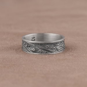Sky Stars and Sun Band Ring, Celestial Jewelry, Night Sky Wedding Band, Sterling Silver Wedding Ring, Sun Star Ring, Men Celestial Ring