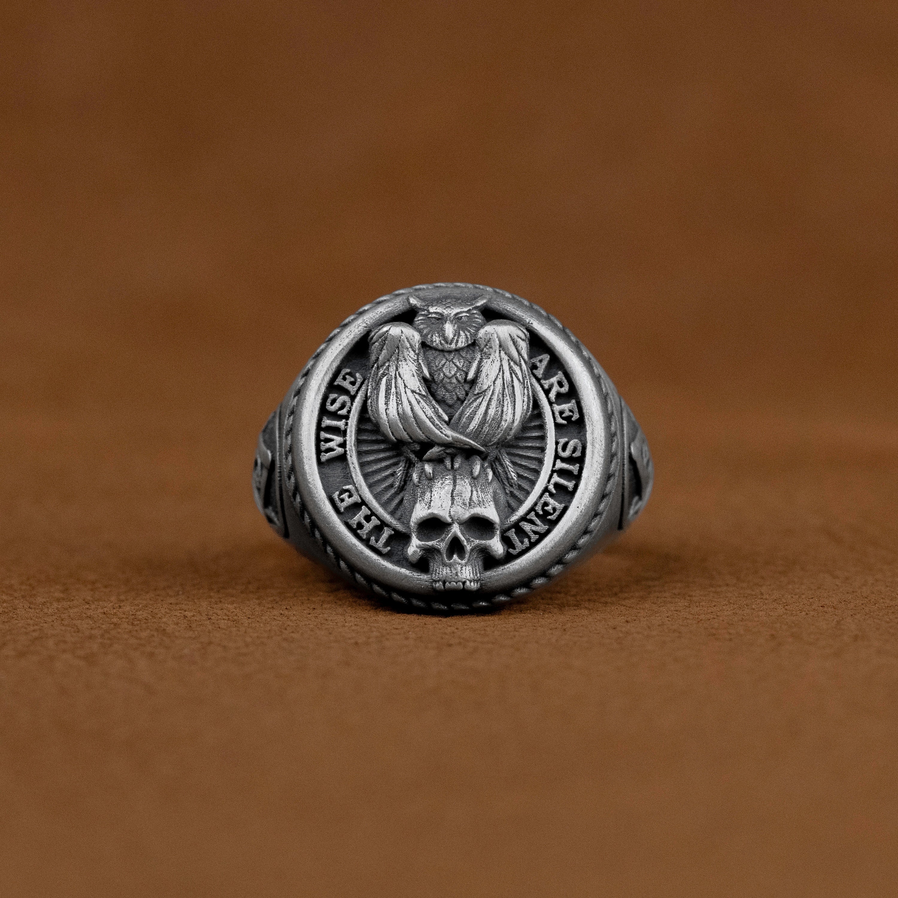 Unique Masonic Symbol Combination Signet Ring, Owl Skull and Square Compass Engraved One of a Kind F