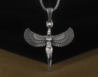 Srebrny naszyjnik męski Isis, egipski wisior ze skrzydlatą boginią, egipski wisior, wisior bogini, wisior Isis Goddest, egipski wisior