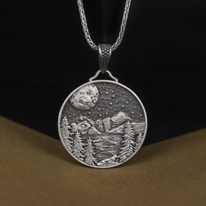 Mountains and Forest Landscape Medallion, Handmade Sterling Silver Necklace, River and The Full Moon with Stars Pendant, Unique Necklace