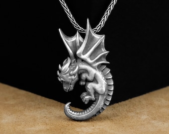 Dragon Pendant, Baby Dragon Unique Silver Necklace, Silver Mythology Jewelry, Cute Winged Baby Dragon Pendant, Dragon Necklace, Gift For Mom