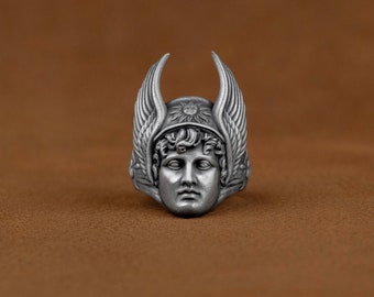 Winged Hermes with Helmet Silver Men Ring, Engraved Caduceus on Side Extraordinary Ring, Ancient Greek Mythology Goddess Ring, Birthday Gift