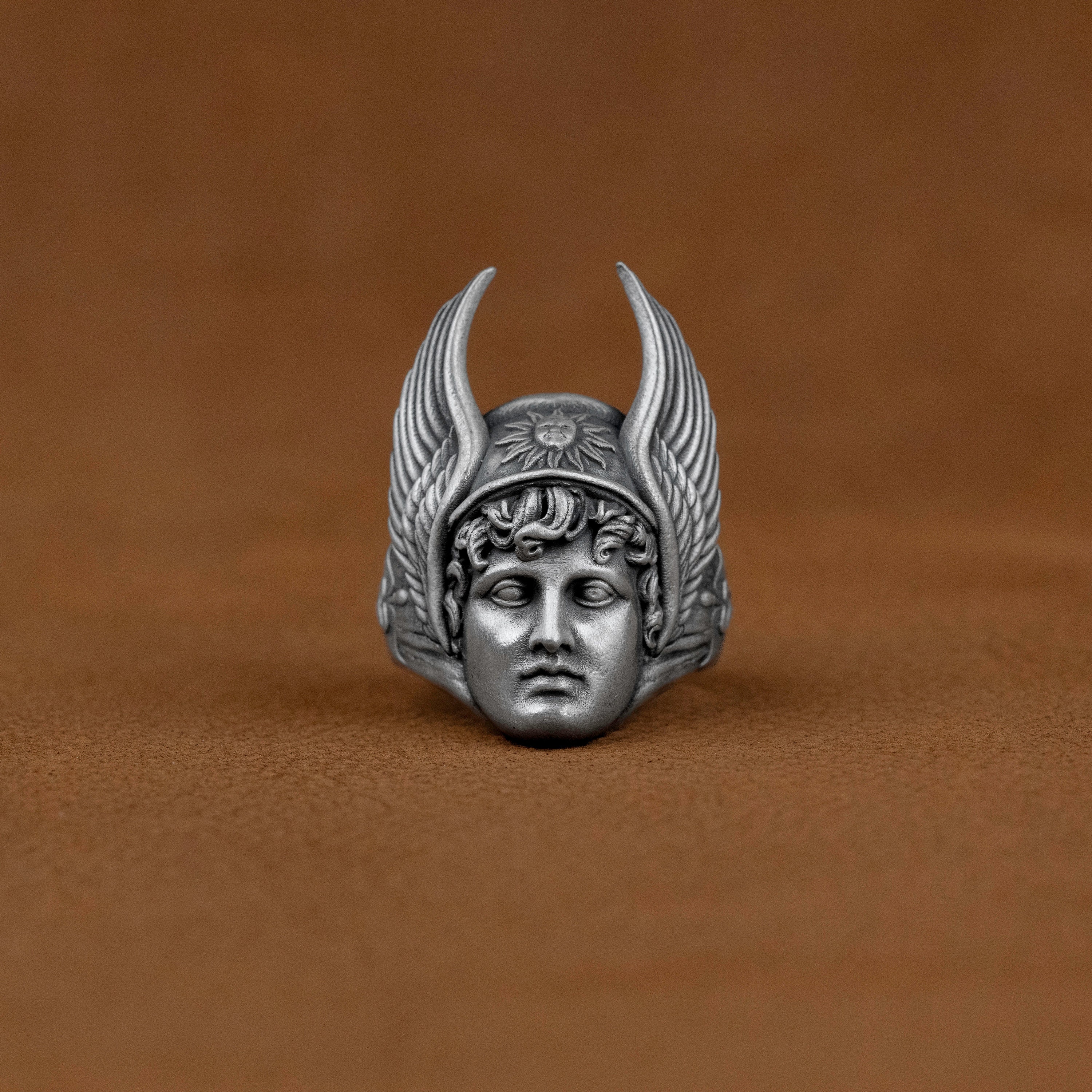 Winged Hermes With Helmet Silver Men Ring, Engraved Caduceus
