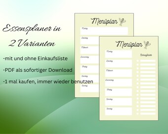 Plan posiłków z listą zakupów i bez niej do wydrukowania, planer menu A4 w formacie PDF, w języku niemieckim, do pobrania natychmiast