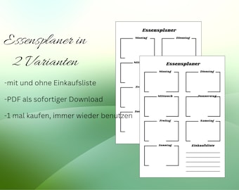 Plan posiłków z listą zakupów i bez niej do wydrukowania, planer menu A4 w formacie PDF, w języku niemieckim, do natychmiastowego pobrania, prosty