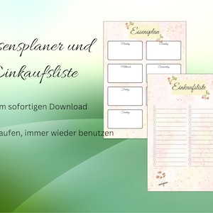 Meal plan and shopping list to print, A4 menu planner PDF, German, immediate download, shabby chic