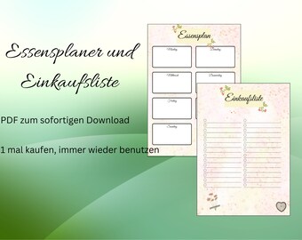 Plan posiłków i lista zakupów do wydrukowania, planer menu A4 w formacie PDF, w języku niemieckim, do pobrania natychmiast, shabby chic