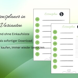 Meal plan with and without shopping list to print, A4 menu planner PDF, German, download immediately