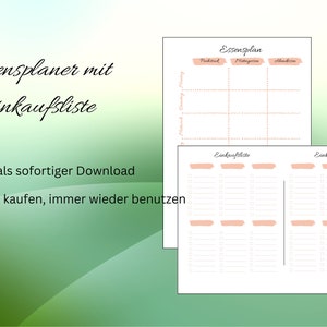 Meal plan and shopping list to print, A4 menu planner PDF, German, download immediately