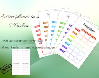 Plan posiłków w 6 kolorach do wydrukowania, planer menu A4 w formacie PDF, w języku niemieckim, do natychmiastowego pobrania, kolorowy, z bezpłatną listą zakupów