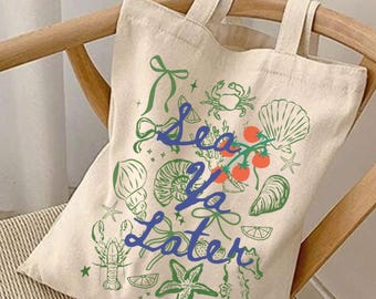 Coastal Tomato Girl Summer Doodle Tote Bag, Italian Summer Beach Bag, Destination Wedding Party Favor Gift Bag, Sea Ya Later Seashell Tote