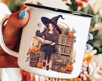 Cute Witch Camping Mug Goth Gift Witchy Sister Present Ghostly Bookish Mug Sister Gift Office Coworker Gifts Halloween Book Lover Coffee Cup