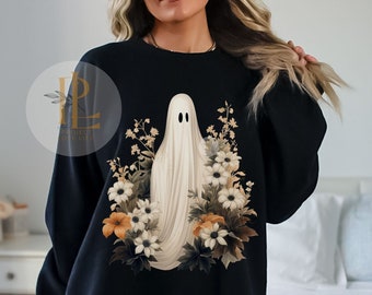 Ghost Sweater with Flower Sweatshirt Ghost Gift Idea Goth Spring Oversized Crewneck Sweatshirt with Ghost Witchy Gift for Best Friend Gothic