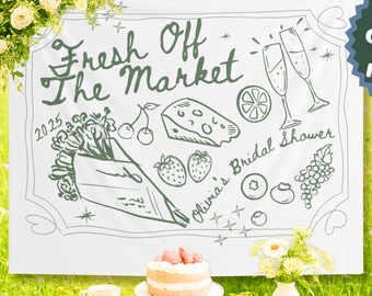 Custom Fresh Off the Market Banner Sign, Flowers Bachelorette Party Decor Tapestry, Citrus Bridal Shower Brunch Hanging Backdrop Photobooth