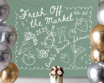 Custom Fresh Off the Market Banner Sign, Flowers Bachelorette Party Decor Tapestry, Citrus Bridal Shower Brunch Hanging Backdrop Photobooth