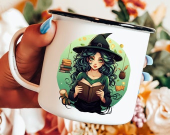 Cute Witch Camping Mug Goth Gift Witchy Sister Present Ghostly Bookish Mug Sister Gift Office Coworker Gifts Halloween Book Lover Coffee Cup