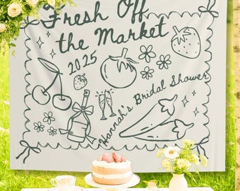 Custom Fresh Off the Market Banner Sign, Flowers Bachelorette Party Decor Tapestry, Citrus Bridal Shower Brunch Hanging Backdrop Photobooth