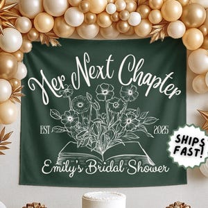 Custom Book Bridal Shower Sign Her Next Chapter Photo Backdrop New Chapter Begins Fabric Sign Personalized Book Themed Bridal Shower Banner