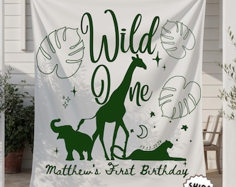 Wild One Safari 1st Birthday Tapestry - Personalized Jungle First Birthday Backdrop, Custom Name Kids Party Fabric Sign Animal Wall Hanging