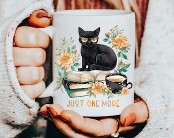Bookish Cat Coffee Mug Black Cat Flower Tea Cup Funny Cat Reading Book Mug Housewarming Party Gift for Cat Lover Book Mug for Cat Mom Gift