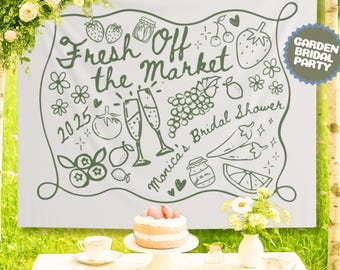 Custom Fresh Off the Market Banner Sign, Flowers Bachelorette Party Decor Tapestry, Citrus Bridal Shower Brunch Hanging Backdrop Photobooth