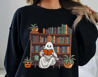 Bookish Reading Ghost Sweatshirt Witchy Gifts for Book Lover Merch Bookworm Fall Sweater Present Book Club Reading Teacher Halloween Gift