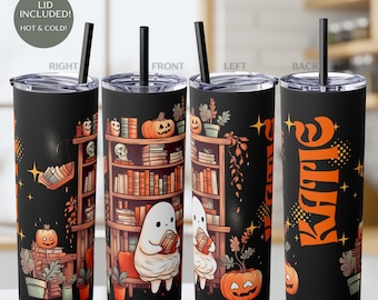 Spooky Bookish Tumbler with Ghost Custom Tumbler with Straw Book Lover Gift Travel Tumbler Reading Ghost Iced Coffee Cup Reader Gift Gothic