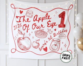 The Apple Of Our Eyes First Birthday Banner Fabric Sign, Personalized First Bday Sweet Apple Theme Party Decor 1st Birthday Custom Backdrop