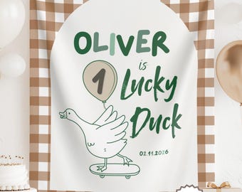 One Lucky Duck Birthday Banner, Duck 1st Birthday Sign, Lucky Duck Party Tapestry, Mallard First Birthday Backdrop, First Hunt Party Decor