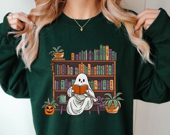 Bookish Ghost Sweater Spooky Library Shirt for Book Lover Reading Sweatshirt Cottagecore Pumpkin Crewneck Librarian Appreciation Gift