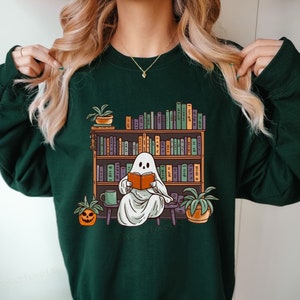 Bookish Ghost Sweater Spooky Library Shirt for Book Lover Reading Sweatshirt Cottagecore Pumpkin Crewneck Librarian Appreciation Gift
