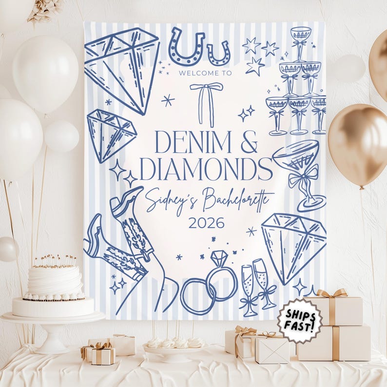 May include: A large sign with the text "DENIM & DIAMONDS Sidney's Bachelorette 2026" in navy blue. The sign features illustrations of diamonds, cowboy boots, champagne glasses, and rings. White and gold balloons and wrapped gifts are in the background.