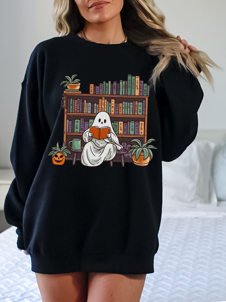 Bookish Ghost Sweater Spooky Library Shirt for Book Lover Reading Sweatshirt Cottagecore Pumpkin Crewneck Gift for Librarian Appreciation