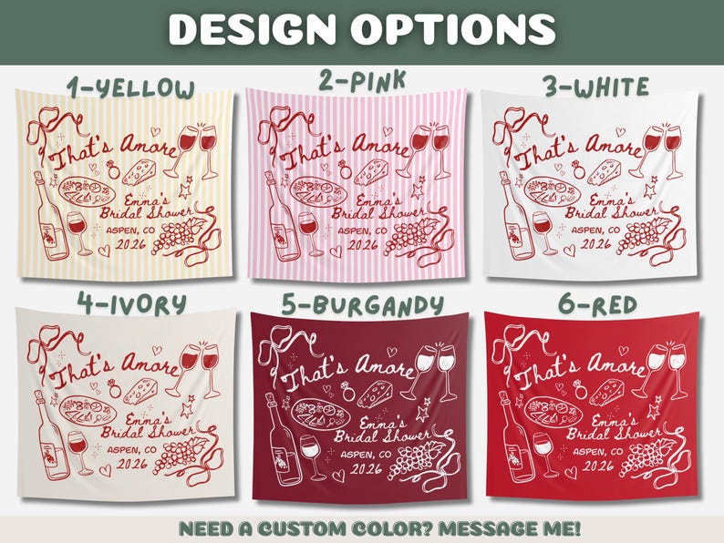 May include: Tapestries with a wine-themed design, featuring the text "That's Amore" and "Emma's Bridal Shower Aspen, CO 2026". Available in yellow, pink, white, ivory, burgundy, and red. Each design includes wine bottles, glasses, and food illustrations.