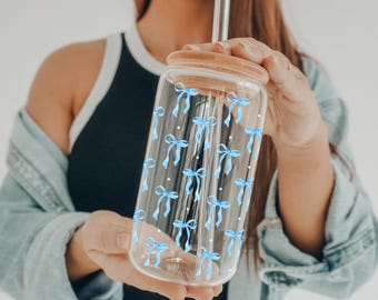 Preppy Tumbler with Lid Coquette Bow Iced Coffee Glass Cup with Straw Gift for Teenage Daughter Sippy Cup Blue Bow Tumbler Cute Gift for her