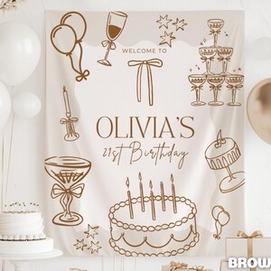 Op de afbeelding: Een beige verjaardagsachtergrond met bruine lijntekeningen van ballonnen, champagneglazen, een taart en sterren. De tekst "OLIVIA'S 21st Birthday" is in bruin weergegeven. Witte en gouden ballonnen zijn ook aanwezig.