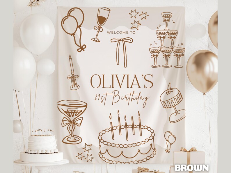 Op de afbeelding: Een beige verjaardagsachtergrond met bruine lijntekeningen van ballonnen, champagneglazen, een taart en sterren. De tekst "OLIVIA'S 21st Birthday" is in bruin weergegeven. Witte en gouden ballonnen zijn ook aanwezig.