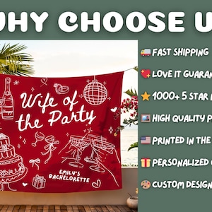 Peut inclure: Banni&egrave;re rouge pour un enterrement de vie de jeune fille avec des illustrations blanches de champagne, g&acirc;teau et verres. Le texte indique "Wife of the Party" et "Emily's Bachelorette". Comprend "Why Choose Us" et des ic&ocirc;nes pour l'exp&eacute;dition rapide et les cadeaux personnalis&eacute;s.