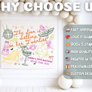 May include: A white tapestry with a hand-drawn design featuring the text "The Sun is Setting on her Twenties." The design includes a disco ball, cake, lounge chair, champagne glass, and bikini. The text "Gabby's 30th Birthday Shasta Lake 2026" is also present.