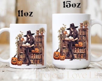 Witchy Halloween Mug Book Lovers Bookshelf Pumpkin Coffee Cup Housewarming Party Goth Kitchen Bookish Spooky Bookworm Sister Fall Birthday