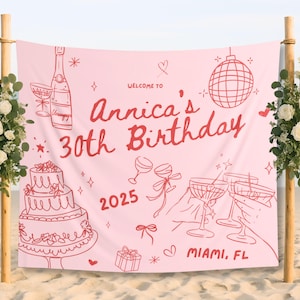 May include: A pink banner with red illustrations and text for a 30th birthday celebration. The banner includes drawings of champagne, cake, and glasses, with the text "Welcome to Annica's 30th Birthday 2025 Miami, FL."
