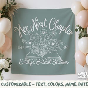 May include: Sage green banner with white text reading "Her Next Chapter" and "Emily's Bridal Shower". The banner features a floral design and is surrounded by balloons in shades of white and blush.